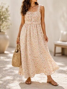 Faithfull The Brand Adele Smock Maxi Dress Yellow Pink Floral Size Medium